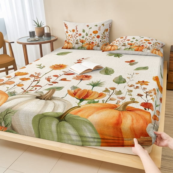 King Size Fitted Sheet Set - Orange Green Fall 3 Piece Bedding Sets 16" Deep Pocket Fitted Sheet with 2 Pillowcases, Pumpkins Botanical Thanksgiving Rustic Brushed Microfiber Hotel Luxury Bed Sheets