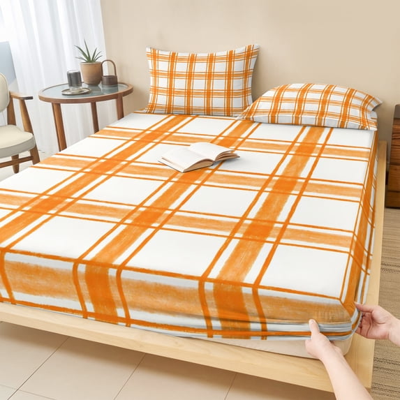 King Size Fitted Sheet Set - Orange Plaid 3 Piece Bedding Sets 16" Deep Pocket Fitted Sheet with 2 Pillowcases, Gingham Check Minimalist Modern Grid Farmhouse Brushed Microfiber Hotel Bed Sheets