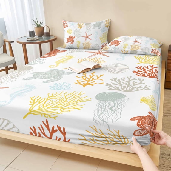 King Size Fitted Sheet Set - Orange Yellow Coastal 3 Piece Bedding Sets 16" Deep Pocket Fitted Sheet with 2 Pillowcases, Nautical Summer Beach Coral Sea Turtle Brushed Microfiber Hotel Bed Sheets