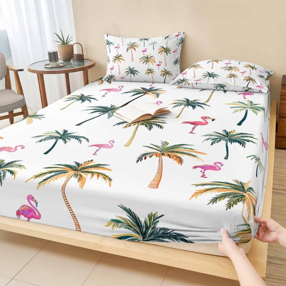 King Size Fitted Sheet Set - Palm Trees 3 Piece Bedding Sets 16" Deep Pocket Fitted Sheet with 2 Pillowcases, Watercolor Tropical Flamingo Summer Brushed Microfiber Hotel Luxury Bed Sheets