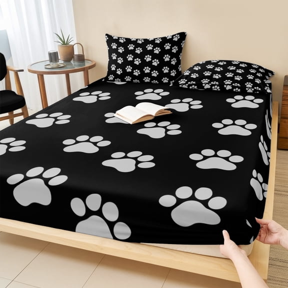 King Size Fitted Sheet Set - Pet Paw Printed 3 Piece Bedding Sets 16" Deep Pocket Fitted Sheet with 2 Pillowcases, Modern Dog Footprints Black Grey Brushed Microfiber Hotel Luxury Bed Sheets