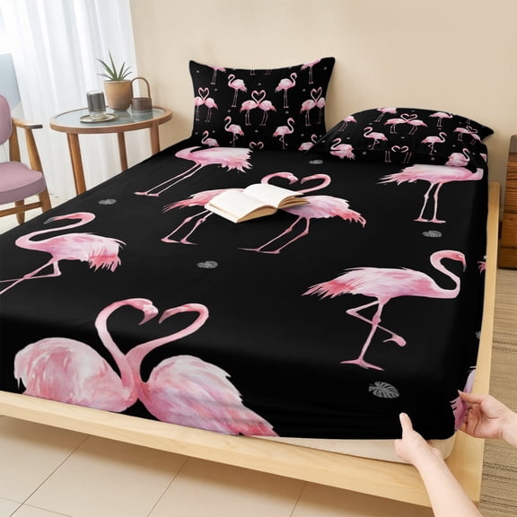 King Size Fitted Sheet Set - Pink Flamingo 3 Piece Bedding Sets 16" Deep Pocket Fitted Sheet with 2 Pillowcases, Summer Tropical Animals Black Brushed Microfiber Hotel Luxury Bed Sheets