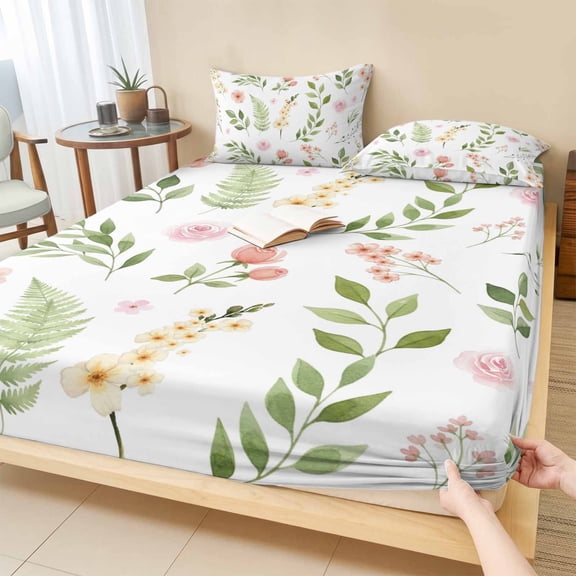 King Size Fitted Sheet Set - Pink Green Botanical 3 Piece Bedding Sets 16" Deep Pocket Fitted Sheet with 2 Pillowcases, Spring Watercolor Floral Leaf Plant Brushed Microfiber Hotel Luxury Bed Sheets