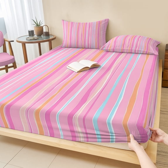 King Size Fitted Sheet Set - Pink Orange Blue Stripe 3 Piece Bedding Sets 16" Deep Pocket Fitted Sheet with 2 Pillowcases, Modern Abstract Art Striped Farmhouse Brushed Microfiber Hotel Bed Sheets