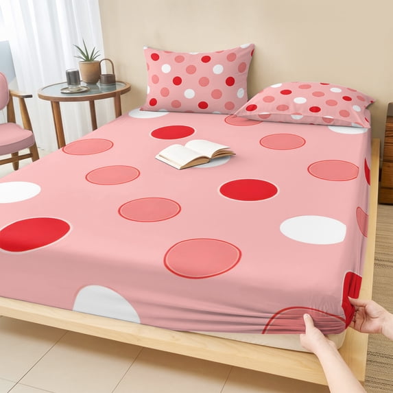 King Size Fitted Sheet Set - Pink Polka Dots 3 Piece Bedding Sets 16" Deep Pocket Fitted Sheet with 2 Pillowcases, Contemporary Simple Circle Dots Red Brushed Microfiber Hotel Luxury Bed Sheets