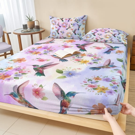 King Size Fitted Sheet Set - Pink Purple Hummingbird 3 Piece Bedding Sets 16" Deep Pocket Fitted Sheet with 2 Pillowcases, Spring Watercolor Flowers Leaf Plant Brushed Microfiber Hotel Bed Sheets