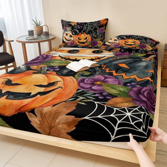 King Size Fitted Sheet Set - Pumpkins Halloween 3 Piece Bedding Sets 16" Deep Pocket Fitted Sheet with 2 Pillowcases, Black Horror Purple Floral Brushed Microfiber Hotel Luxury Bed Sheets