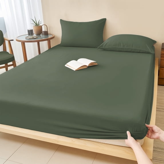 King Size Fitted Sheet Set - Pure Army Green 3 Piece Bedding Sets 16" Deep Pocket Fitted Sheet with 2 Pillowcases, Modern Solid Color Minimalist Art Brushed Microfiber Hotel Luxury Bed Sheets