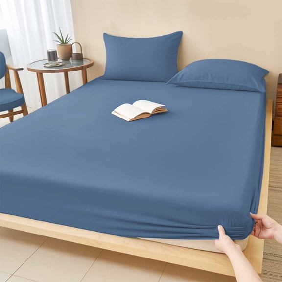 King Size Fitted Sheet Set - Pure Slate Blue 3 Piece Bedding Sets 16" Deep Pocket Fitted Sheet with 2 Pillowcases, Modern Solid Color Minimalist Art Brushed Microfiber Hotel Luxury Bed Sheets