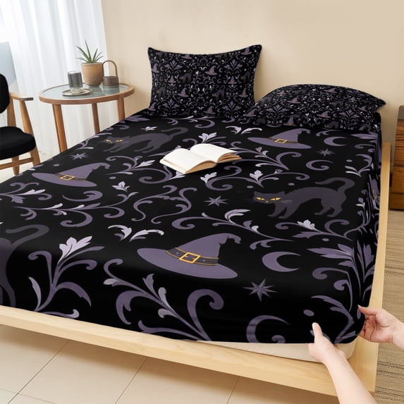 King Size Fitted Sheet Set - Purple Floral Halloween 3 Piece Bedding Sets 16" Deep Pocket Fitted Sheet with 2 Pillowcases, Horror Dark Silhouetted Cats Brushed Microfiber Hotel Luxury Bed Sheets