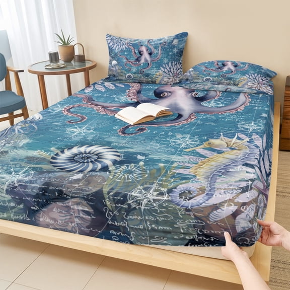 King Size Fitted Sheet Set - Purple Octopus Coastal 3 Piece Bedding Sets 16" Deep Pocket Fitted Sheet with 2 Pillowcases, Summer Beach Seahorse Jellyfish Coral Brushed Microfiber Hotel Bed Sheets