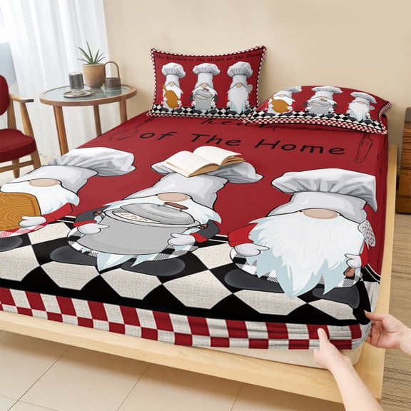 King Size Fitted Sheet Set - Red Chef Gnomes 3 Piece Bedding Sets 16" Deep Pocket Fitted Sheet with 2 Pillowcases, Farmhouse Red White Plaid Brushed Microfiber Hotel Luxury Bed Sheets