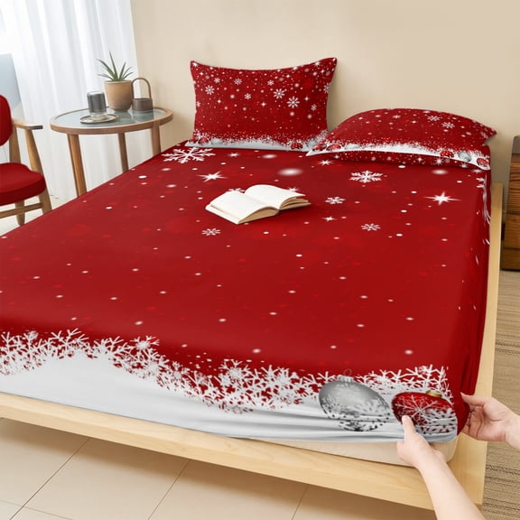 King Size Fitted Sheet Set - Red Christmas 3 Piece Bedding Sets 16" Deep Pocket Fitted Sheet with 2 Pillowcases, Snowflake Winter Xmas Ball Brushed Microfiber Hotel Luxury Bed Sheets
