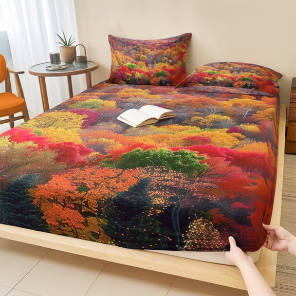 King Size Fitted Sheet Set - Red Orange Green Forest 3 Piece Bedding Sets 16" Deep Pocket Fitted Sheet with 2 Pillowcases, Fall Botanical Tree Maple Leaf Brushed Microfiber Hotel Luxury Bed Sheets