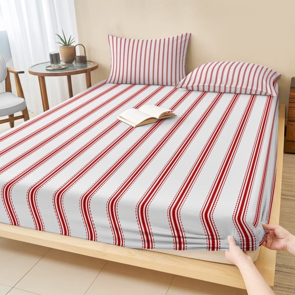 King Size Fitted Sheet Set - Red Striped 3 Piece Bedding Sets 16" Deep Pocket Fitted Sheet with 2 Pillowcases, Red White Stripes Farmhouse Brushed Microfiber Hotel Luxury Bed Sheets