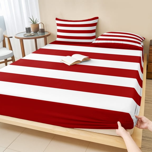 King Size Fitted Sheet Set - Red Stripes 3 Piece Bedding Sets 16" Deep Pocket Fitted Sheet with 2 Pillowcases, Simple Red White Texture Brushed Microfiber Hotel Luxury Bed Sheets