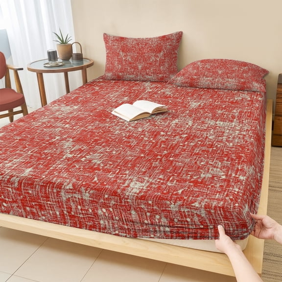 King Size Fitted Sheet Set - Red Terracotta Splatter 3 Piece Bedding Sets 16" Deep Pocket Fitted Sheet with 2 Pillowcases, Boho Mottled Vintage Rustic Brushed Microfiber Hotel Luxury Bed Sheets