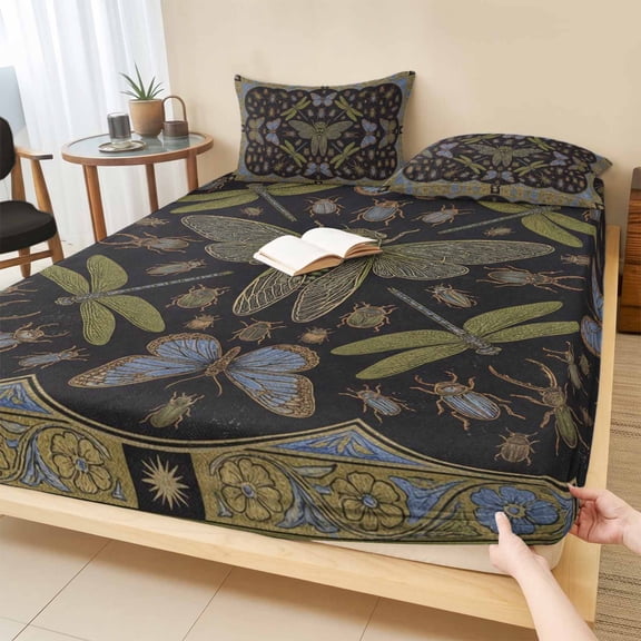 King Size Fitted Sheet Set - Retro Dragonfly 3 Piece Bedding Sets 16" Deep Pocket Fitted Sheet with 2 Pillowcases, Country Butterflies Insects Geometric Flowers Brushed Microfiber Hotel Bed Sheets