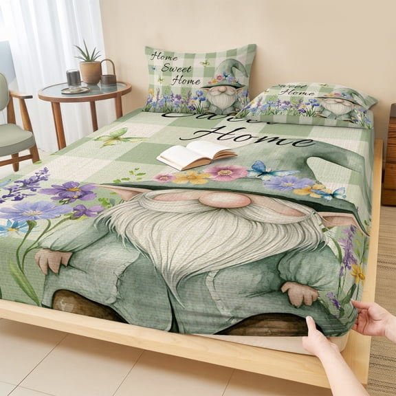 King Size Fitted Sheet Set - Rustic Gnome 3 Piece Bedding Sets 16" Deep Pocket Fitted Sheet with 2 Pillowcases, Spring Flowers Butterfly Green Check Brushed Microfiber Hotel Luxury Bed Sheets
