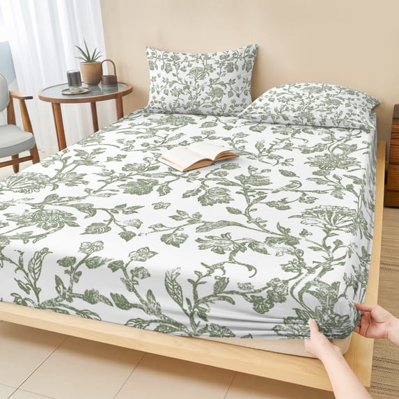 King Size Fitted Sheet Set - Sage Green Flower 3 Piece Bedding Sets 16" Deep Pocket Fitted Sheet with 2 Pillowcases, Vintage Farmhouse Boho Leaf Spring Brushed Microfiber Hotel Luxury Bed Sheets