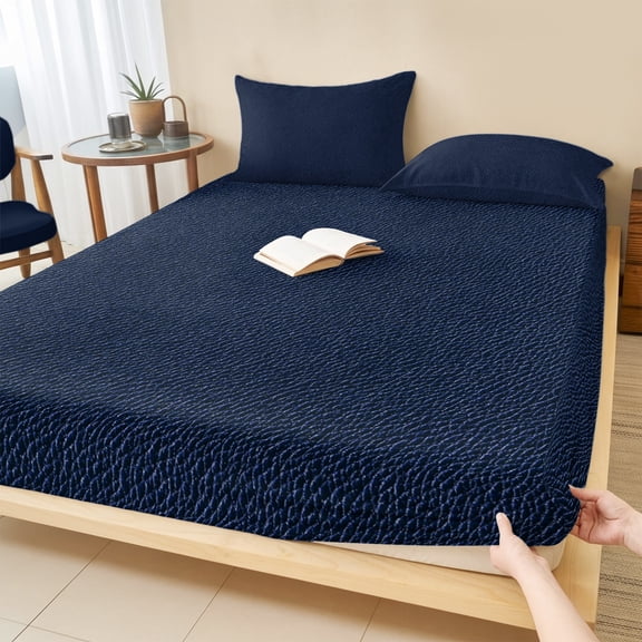 King Size Fitted Sheet Set - Solid Dark Blue 3 Piece Bedding Sets 16" Deep Pocket Fitted Sheet with 2 Pillowcases, Minimalism Abstract Denim Texture Brushed Microfiber Hotel Luxury Bed Sheets