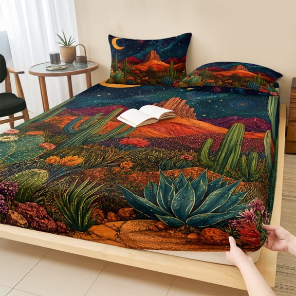 King Size Fitted Sheet Set - Southwestern Desert 3 Piece Bedding Sets 16" Deep Pocket Fitted Sheet with 2 Pillowcases, Cactus Botanical Starry Sky Moon Brushed Microfiber Hotel Luxury Bed Sheets