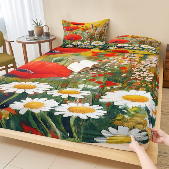 King Size Fitted Sheet Set - Spring Botanical 3 Piece Bedding Sets 16" Deep Pocket Fitted Sheet with 2 Pillowcases, Modern Watercolor Daisy Poppy Flower Bees Brushed Microfiber Hotel Bed Sheets