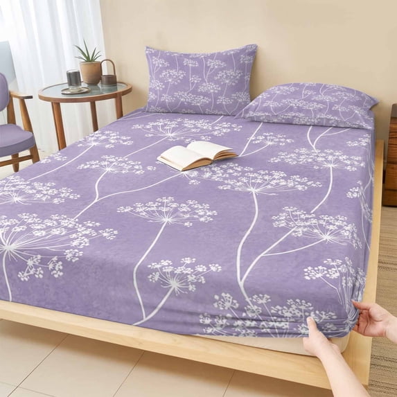 King Size Fitted Sheet Set - Spring Floral 3 Piece Bedding Sets 16" Deep Pocket Fitted Sheet with 2 Pillowcases, Spring Rustic Wildflowers Plants Purple Brushed Microfiber Hotel Luxury Bed Sheets