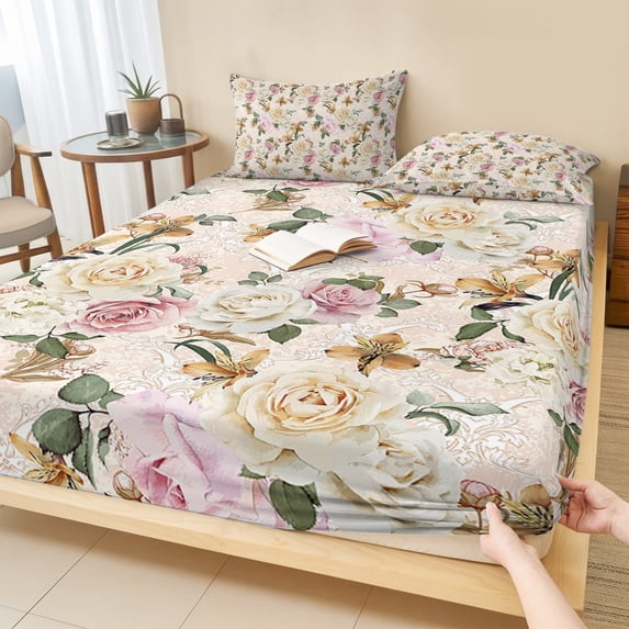 King Size Fitted Sheet Set - Spring Floral 3 Piece Bedding Sets 16" Deep Pocket Fitted Sheet with 2 Pillowcases, Summer Yellow Pink Flowers Botanical Brushed Microfiber Hotel Luxury Bed Sheets