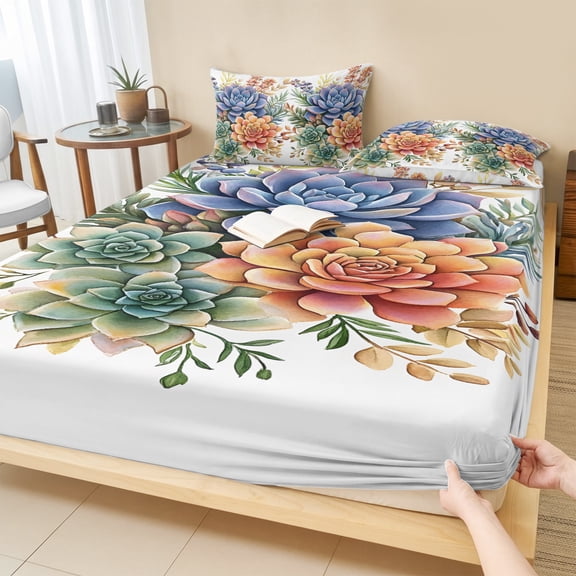 King Size Fitted Sheet Set - Spring Floral Succulents 3 Piece Bedding Sets 16" Deep Pocket Fitted Sheet with 2 Pillowcases, Watercolor Botanical Summer Brushed Microfiber Hotel Luxury Bed Sheets