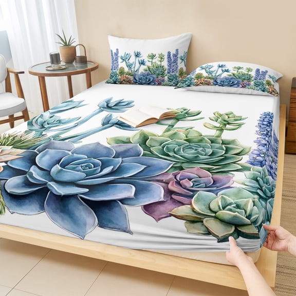 King Size Fitted Sheet Set - Spring Succulent 3 Piece Bedding Sets 16" Deep Pocket Fitted Sheet with 2 Pillowcases, Tropical Botanical Florals Blooms Brushed Microfiber Hotel Luxury Bed Sheets