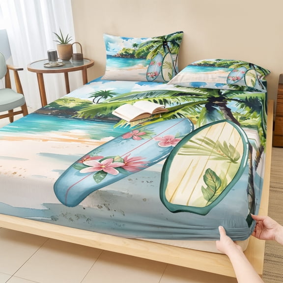 King Size Fitted Sheet Set - Summer Beach 3 Piece Bedding Sets 16" Deep Pocket Fitted Sheet with 2 Pillowcases, Tropical Coastal Palm Tree Surfboard Brushed Microfiber Hotel Luxury Bed Sheets