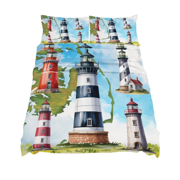King Size Fitted Sheet Set,Summer Coastal Nautical Lighthouse Deep Pocket Bed Sheet Fits Mattress Up to 16",Soft Bottom Sheets with Pillowcases and Flat Sheet,Ocean Beach Theme for Bedroom Decor
