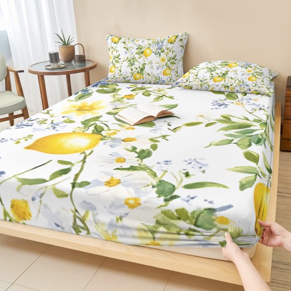 King Size Fitted Sheet Set - Summer Lemon 3 Piece Bedding Sets 16" Deep Pocket Fitted Sheet with 2 Pillowcases, Watercolor Yellow Spring Floral Botanical Brushed Microfiber Hotel Luxury Bed Sheets