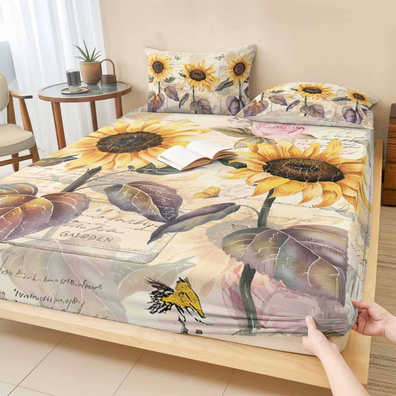 King Size Fitted Sheet Set - Sunflower Vintage 3 Piece Bedding Sets 16" Deep Pocket Fitted Sheet with 2 Pillowcases, Farmhouse Botanical Floral Butterfly Brushed Microfiber Hotel Luxury Bed Sheets