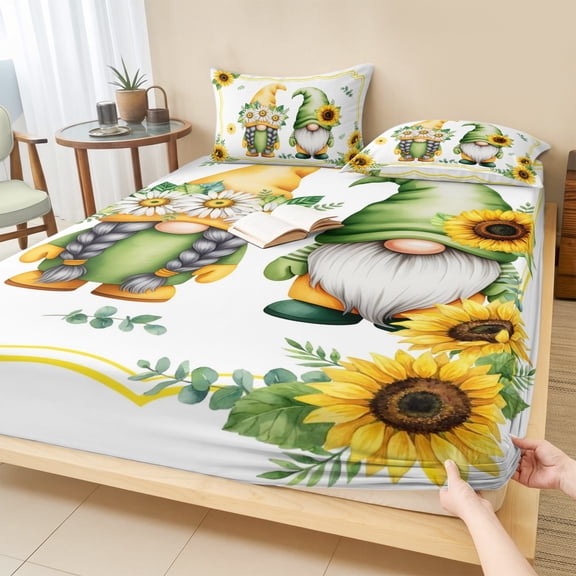 King Size Fitted Sheet Set - Sunflowers Gnomes 3 Piece Bedding Sets 16" Deep Pocket Fitted Sheet with 2 Pillowcases, Eucalyptus Spring Garden Floral Brushed Microfiber Hotel Luxury Bed Sheets