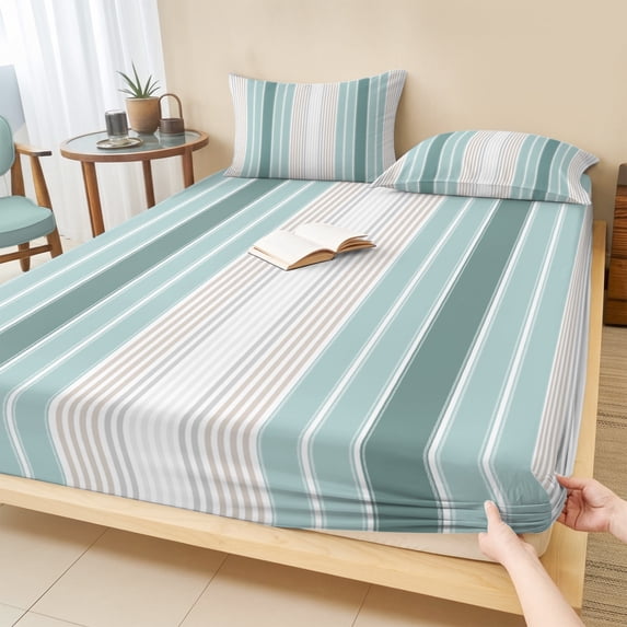 King Size Fitted Sheet Set - Teal Aqua Stripes 3 Piece Bedding Sets 16" Deep Pocket Fitted Sheet with 2 Pillowcases, Minimalist Abstract Vertical Lines Brushed Microfiber Hotel Luxury Bed Sheets