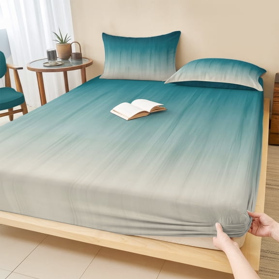 King Size Fitted Sheet Set - Teal Blue Ombre 3 Piece Bedding Sets 16" Deep Pocket Fitted Sheet with 2 Pillowcases, Contemporary Gradient Abstract Art Brushed Microfiber Hotel Luxury Bed Sheets