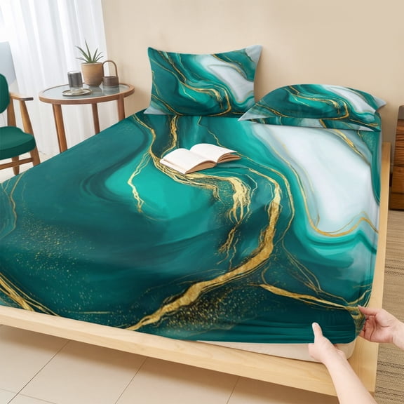 King Size Fitted Sheet Set - Teal Marble 3 Piece Bedding Sets 16" Deep Pocket Fitted Sheet with 2 Pillowcases, Modern Gradient Abstract Gold Fluid Art Brushed Microfiber Hotel Luxury Bed Sheets