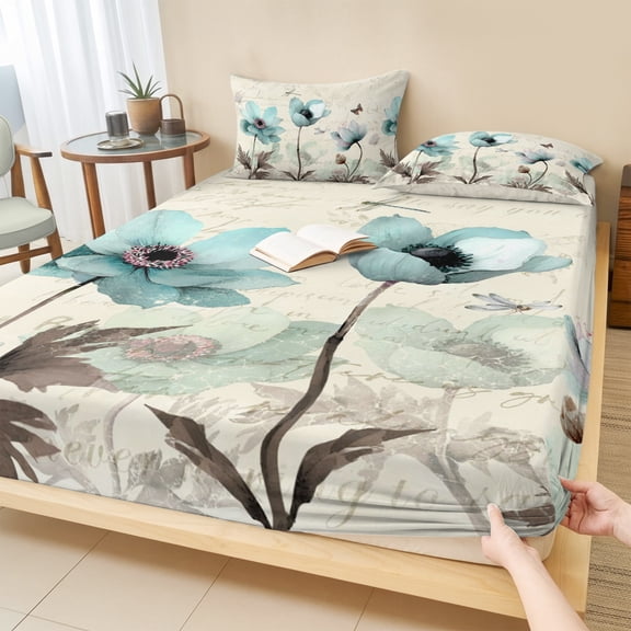King Size Fitted Sheet Set - Teal Spring Floral 3 Piece Bedding Sets 16" Deep Pocket Fitted Sheet with 2 Pillowcases, Vintage Botanical Retro Art Brushed Microfiber Hotel Luxury Bed Sheets