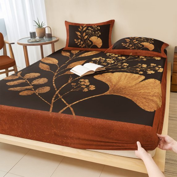 King Size Fitted Sheet Set - Thanksgiving 3 Piece Bedding Sets 16" Deep Pocket Fitted Sheet with 2 Pillowcases, Fall Orange Flowers Leaves Silhouette Brushed Microfiber Hotel Luxury Bed Sheets