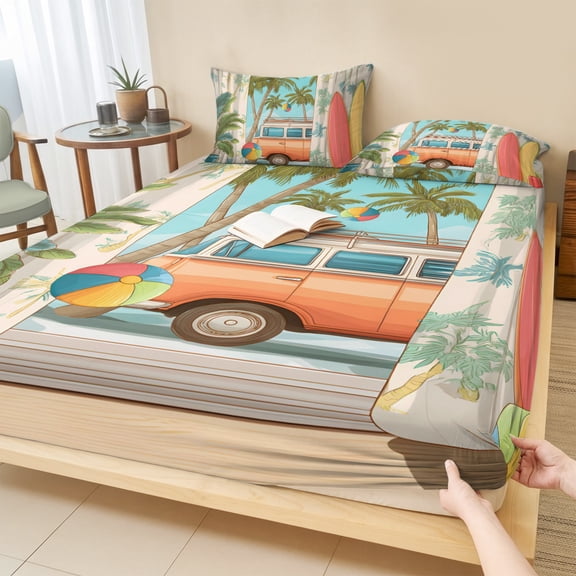 King Size Fitted Sheet Set - Tropical Palm Trees 3 Piece Bedding Sets 16" Deep Pocket Fitted Sheet with 2 Pillowcases, Summer Beach Ballss Surfboard Watercolor Brushed Microfiber Hotel Bed Sheets