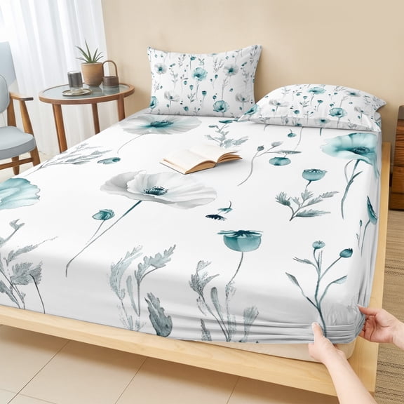 King Size Fitted Sheet Set - Turquoise Flowers 3 Piece Bedding Sets 16" Deep Pocket Fitted Sheet with 2 Pillowcases, Farmhouse Spring Botanical Floral Brushed Microfiber Hotel Luxury Bed Sheets