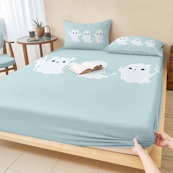 King Size Fitted Sheet Set - Turquoise Halloween 3 Piece Bedding Sets 16" Deep Pocket Fitted Sheet with 2 Pillowcases, Funny Ghost Cute Cartoon Spooky Brushed Microfiber Hotel Luxury Bed Sheets
