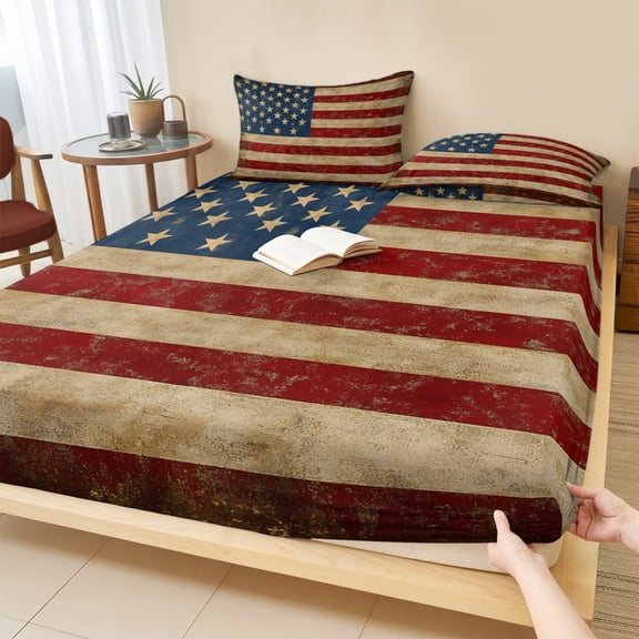 King Size Fitted Sheet Set - Vintage American Flag 3 Piece Bedding Sets 16" Deep Pocket Fitted Sheet with 2 Pillowcases, Retro USA Flag Blue Red Brushed Microfiber Hotel Luxury Bed Sheets