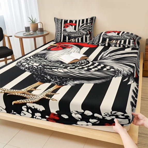 King Size Fitted Sheet Set - Vintage Rooster 3 Piece Bedding Sets 16" Deep Pocket Fitted Sheet with 2 Pillowcases, Black White Striped Watercolor Brushed Microfiber Hotel Luxury Bed Sheets