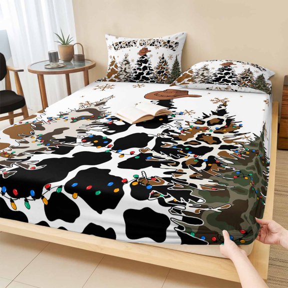 King Size Fitted Sheet Set - Western Christmas Tree 3 Piece Bedding Sets 16" Deep Pocket Fitted Sheet with 2 Pillowcases, Cowboy Xmas Tree Snowflake Brushed Microfiber Hotel Luxury Bed Sheets
