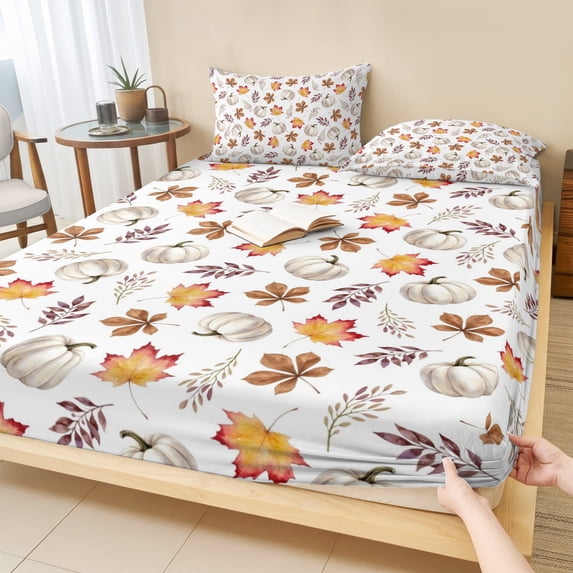 King Size Fitted Sheet Set - White Pumpkins Fall 3 Piece Bedding Sets 16" Deep Pocket Fitted Sheet with 2 Pillowcases, Thanksgiving Maple Leaves Autumn Brushed Microfiber Hotel Luxury Bed Sheets