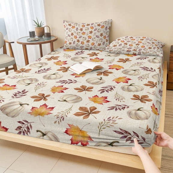 King Size Fitted Sheet Set - White Pumpkins Fall 3 Piece Bedding Sets 16" Deep Pocket Fitted Sheet with 2 Pillowcases, Thanksgiving Maple Leaves Beige Brushed Microfiber Hotel Luxury Bed Sheets