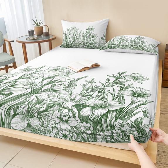 King Size Fitted Sheet Set - Wildflower Leaf 3 Piece Bedding Sets 16" Deep Pocket Fitted Sheet with 2 Pillowcases, Green Floral Botanical White Watercolor Brushed Microfiber Hotel Luxury Bed Sheets